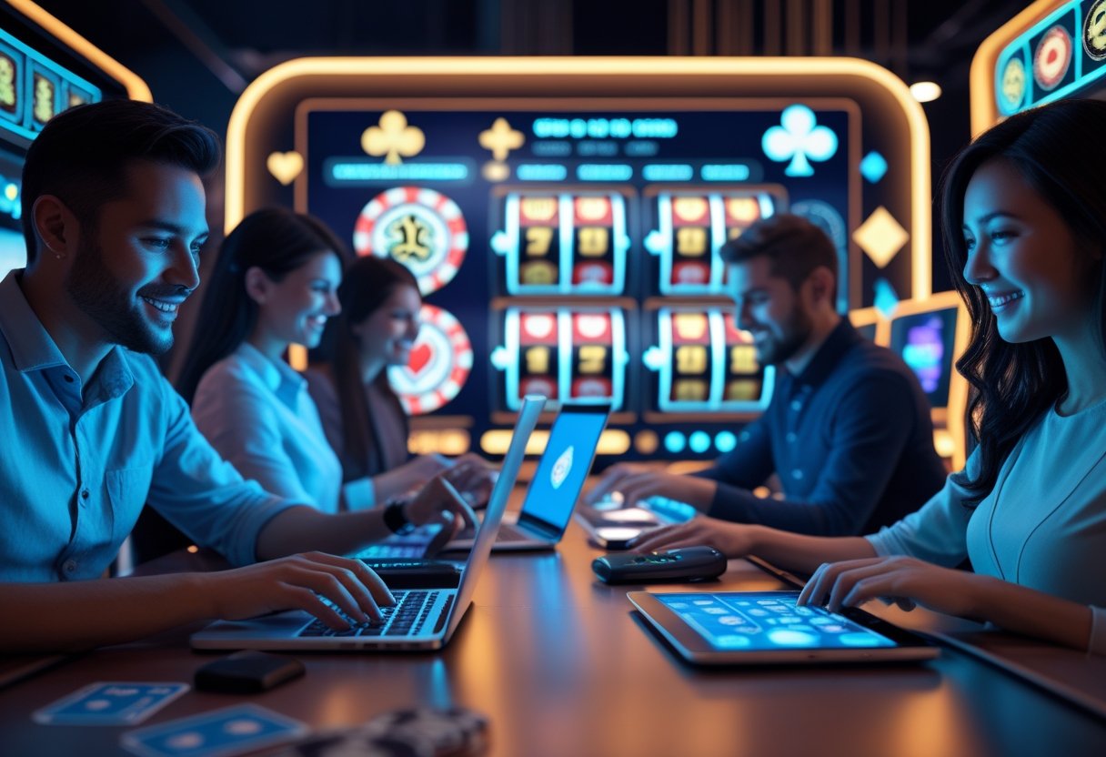 People playing online casino games on laptops, tablets, and smartphones with digital casino elements in the background.