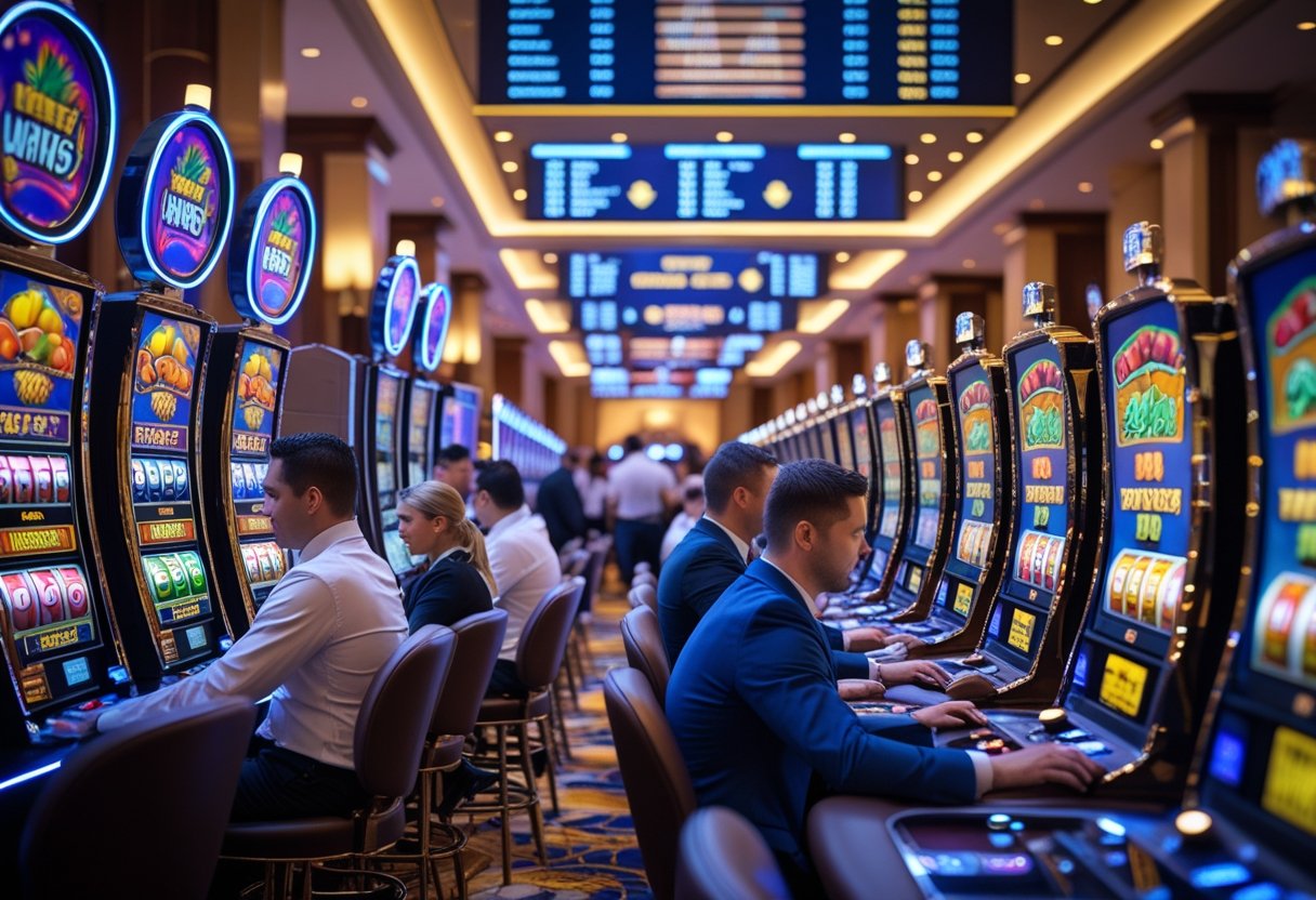 A group of people playing slot machines in a casino during a slot tournament, with a digital leaderboard in the background.