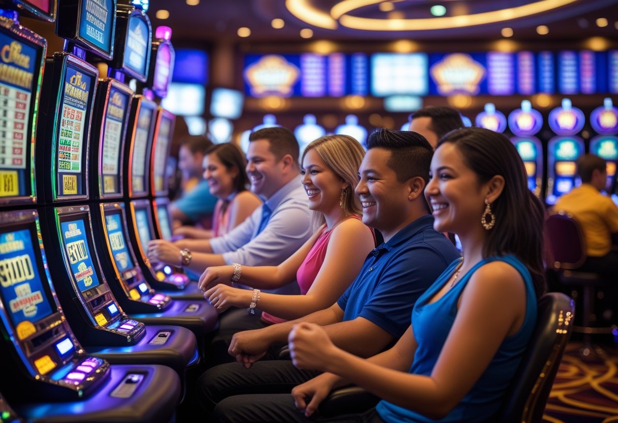 A group of diverse people playing slot machines together in a lively casino during a slot tournament.