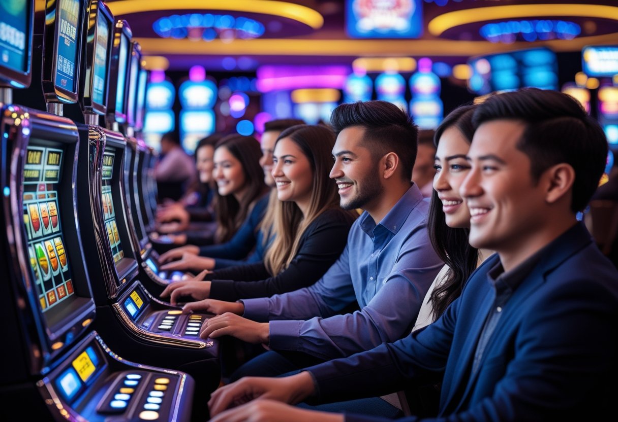 People playing slot machines in a casino during a slot tournament, focused and engaged.