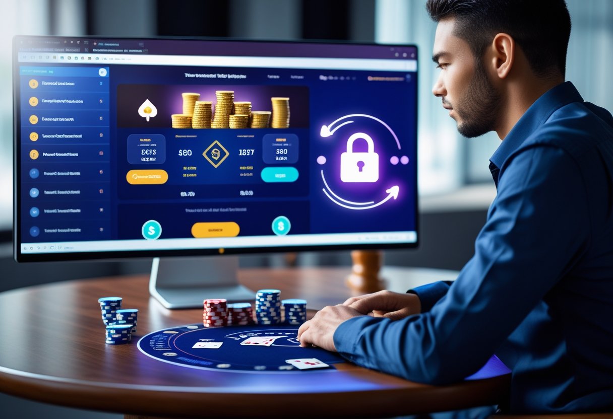An adult playing online poker at a desk with poker chips and cards, a computer screen showing a poker game and icons representing secure transactions.