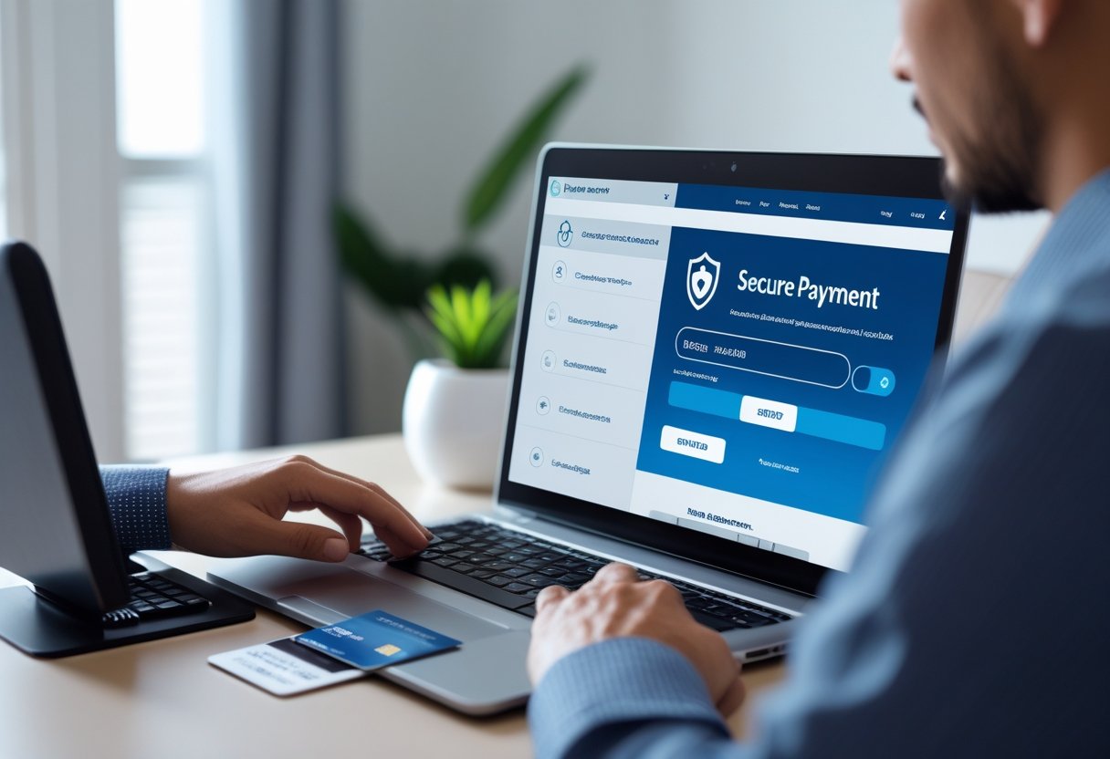 Person using a laptop to make a secure online payment with a credit card and smartphone on a desk.