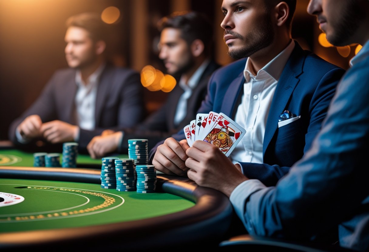 A confident poker player holding cards close to their chest at a poker table with chips, surrounded by other players watching.