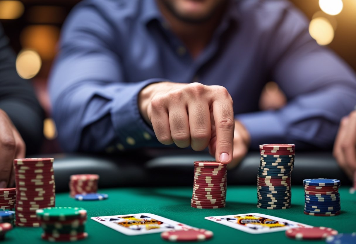A poker player confidently pushing chips forward at a poker table during a game.