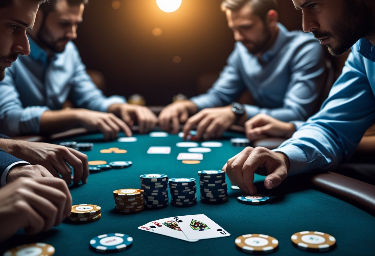 Close-up of a poker table with chips and cards, players focused on the game, suggesting a strategic bluff in progress.