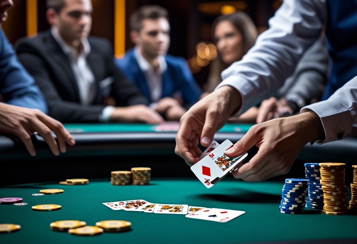 A close-up of a poker table showing a player folding cards while others watch, with poker chips and cards on the table.