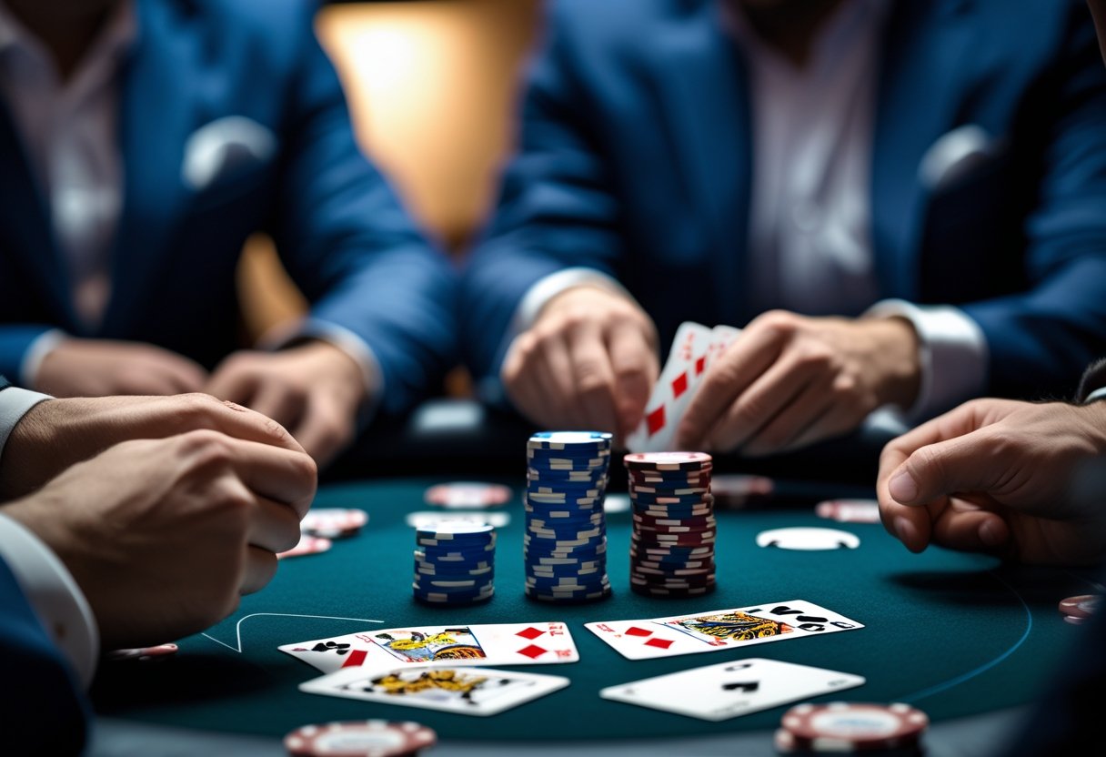 Close-up of a poker table with players folding cards and stacks of poker chips during a game.