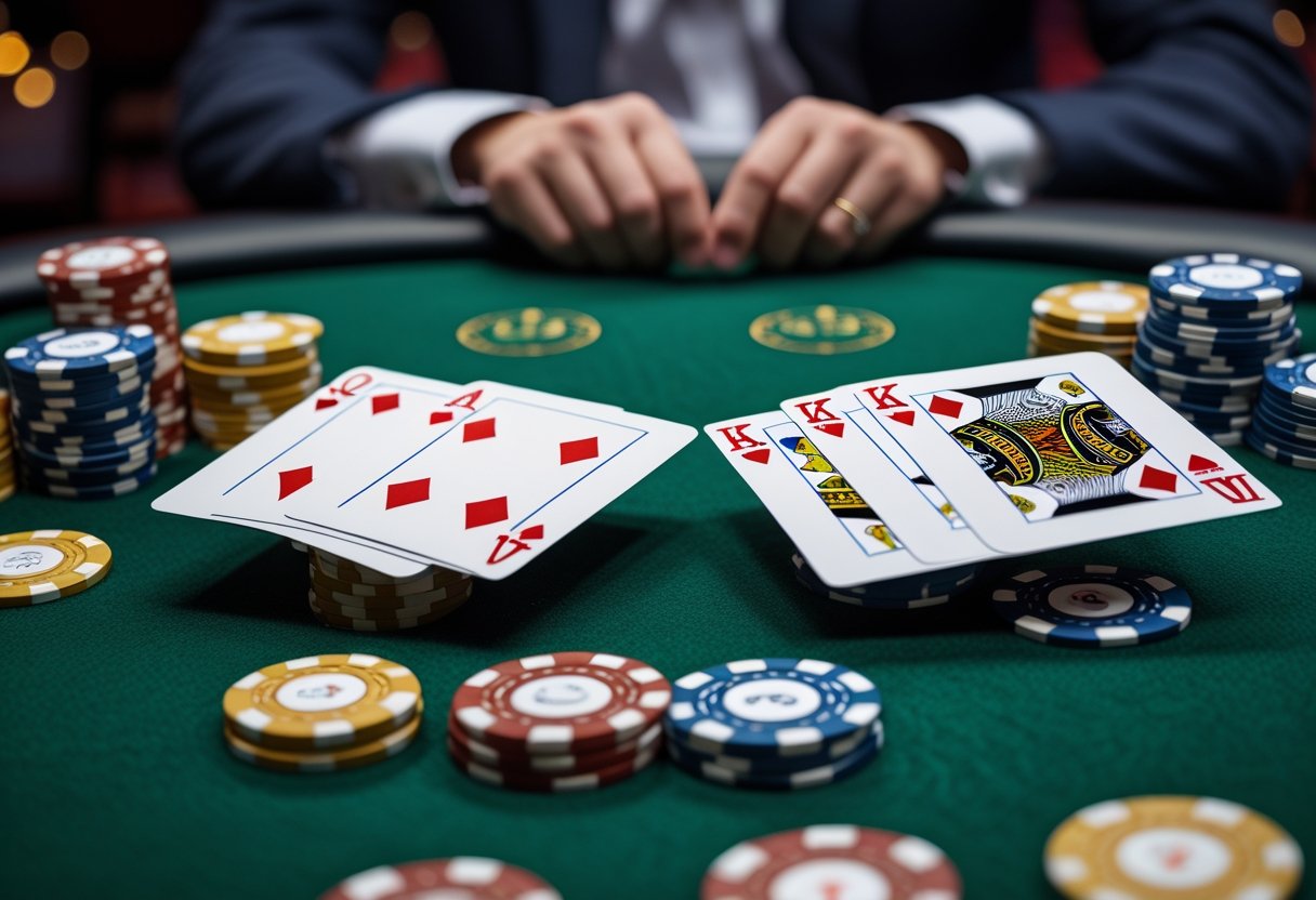 Close-up of two poker hands on a green felt table, one showing three of a kind and the other a straight, with poker chips nearby.