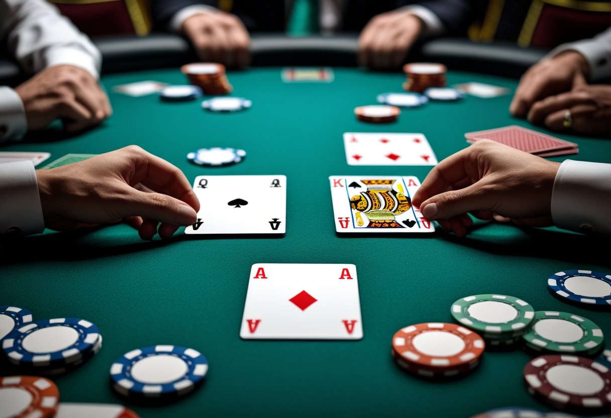 Close-up of two poker hands on a green table, one showing a straight and the other showing three of a kind, with poker chips nearby.