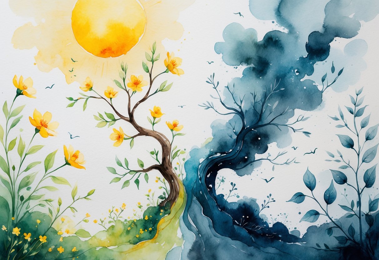 Prikaz prirode s cvijećem i suncem na jednoj strani te tmurnim oblacima i uvenulim lišćem na drugoj, simbolizirajući dobre i loše osobine.