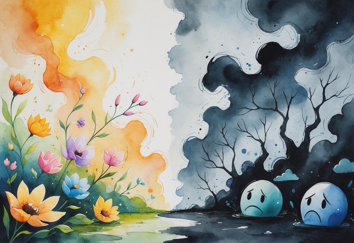 Slika koja prikazuje kontrast između dobrih i loših osobina kroz simbolične elemente poput cvijeća i olujnih oblaka.