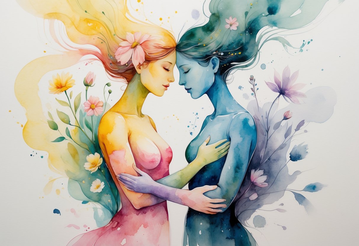 Dva isprepletena ljudska lika okružena bojama koje prikazuju dobre i loše osobine te njihov utjecaj na međuljudske odnose.