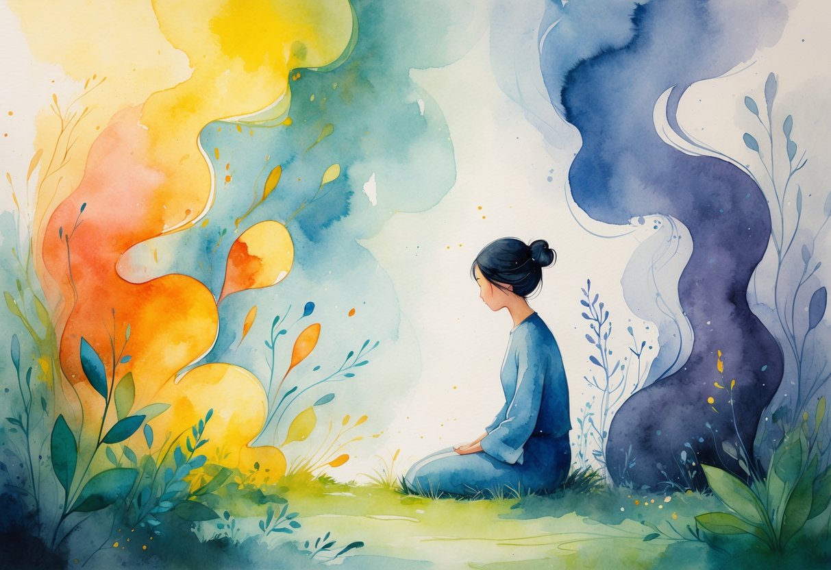 Osoba sjedi mirno u prirodi okružena bojama koje simboliziraju dobre i loše osobine.