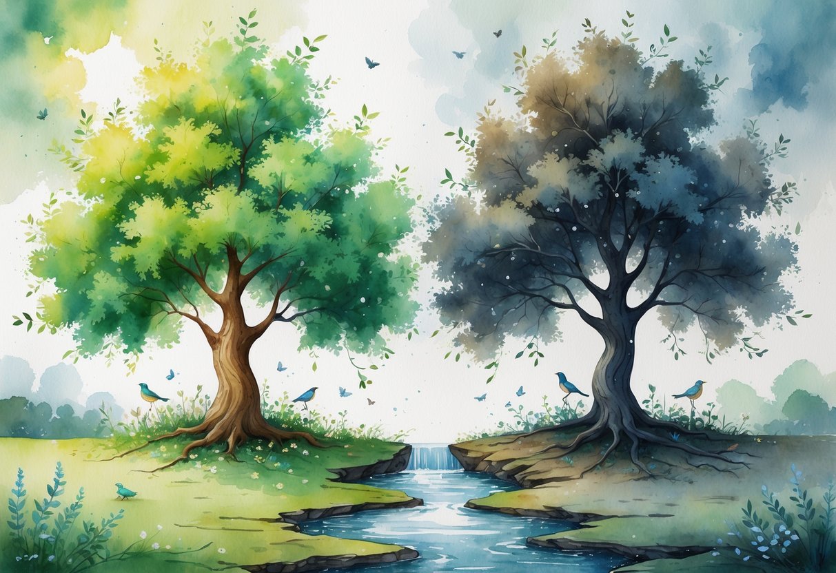 Prikaz dva stabla, jedno zeleno i puno života, drugo suho i s oskudnim lišćem, odvojena potokom, simbolizirajući dobre i loše osobine.