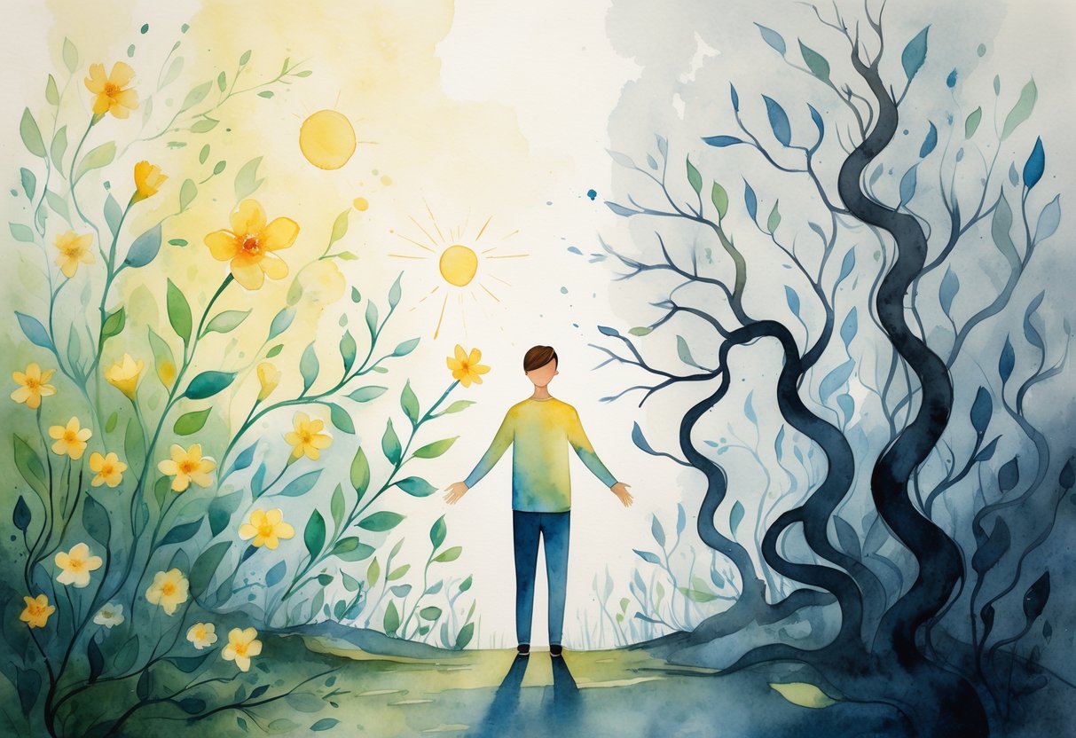 Osoba stoji u sredini okružena svijetlim i tamnim oblicima koji simboliziraju dobre i loše osobine, dok se okreće prema svijetloj strani.