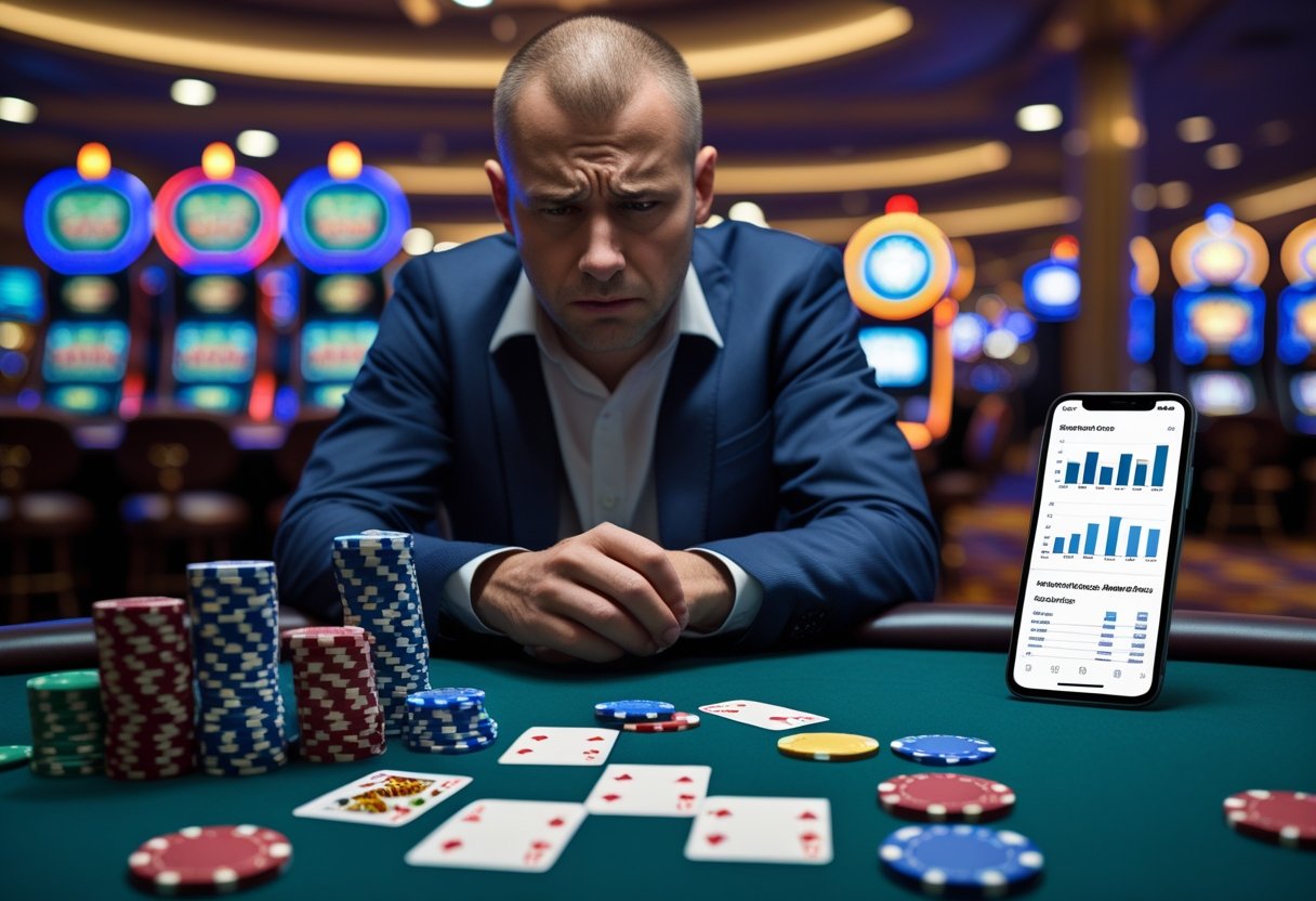 A worried man sitting at a casino table with poker chips and a smartphone showing charts, surrounded by blurred slot machines.