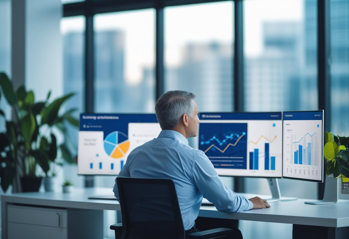 A person analyzing gambling addiction data on multiple computer screens in a modern office setting.