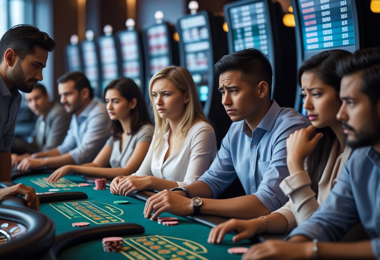 A diverse group of people in a casino setting showing different emotions related to gambling addiction, with gambling elements like slot machines and poker chips visible.