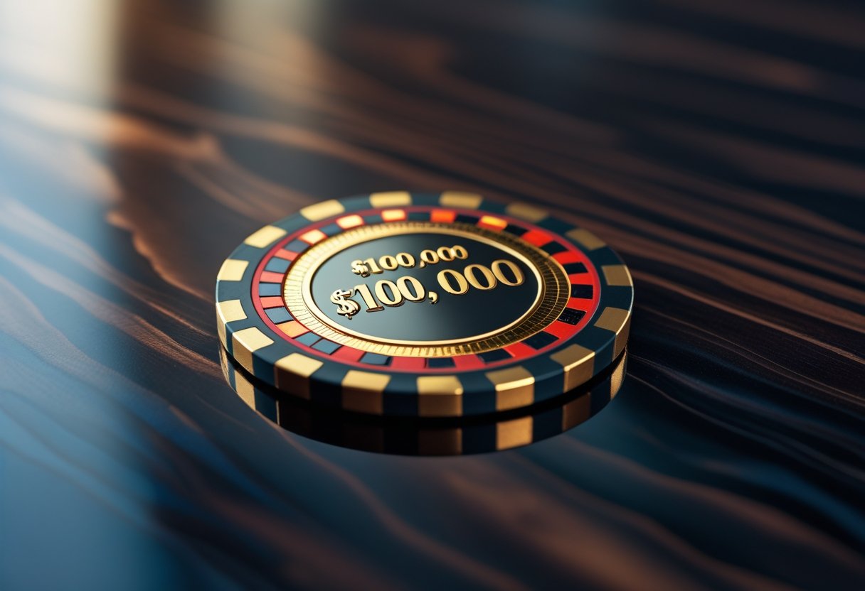 A close-up of a single high-value casino chip on a polished wooden surface.