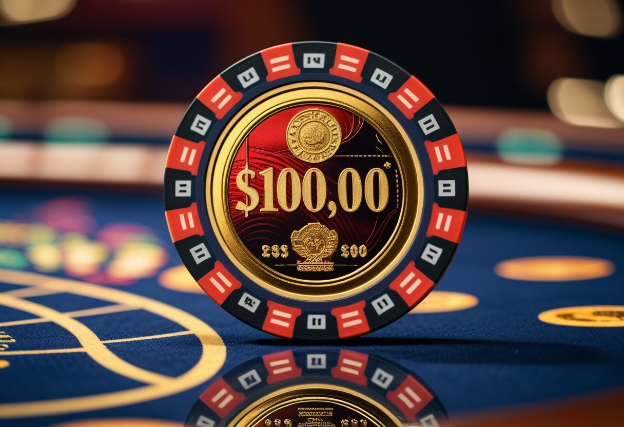 A close-up of a $100,000 casino chip resting on a polished casino table.
