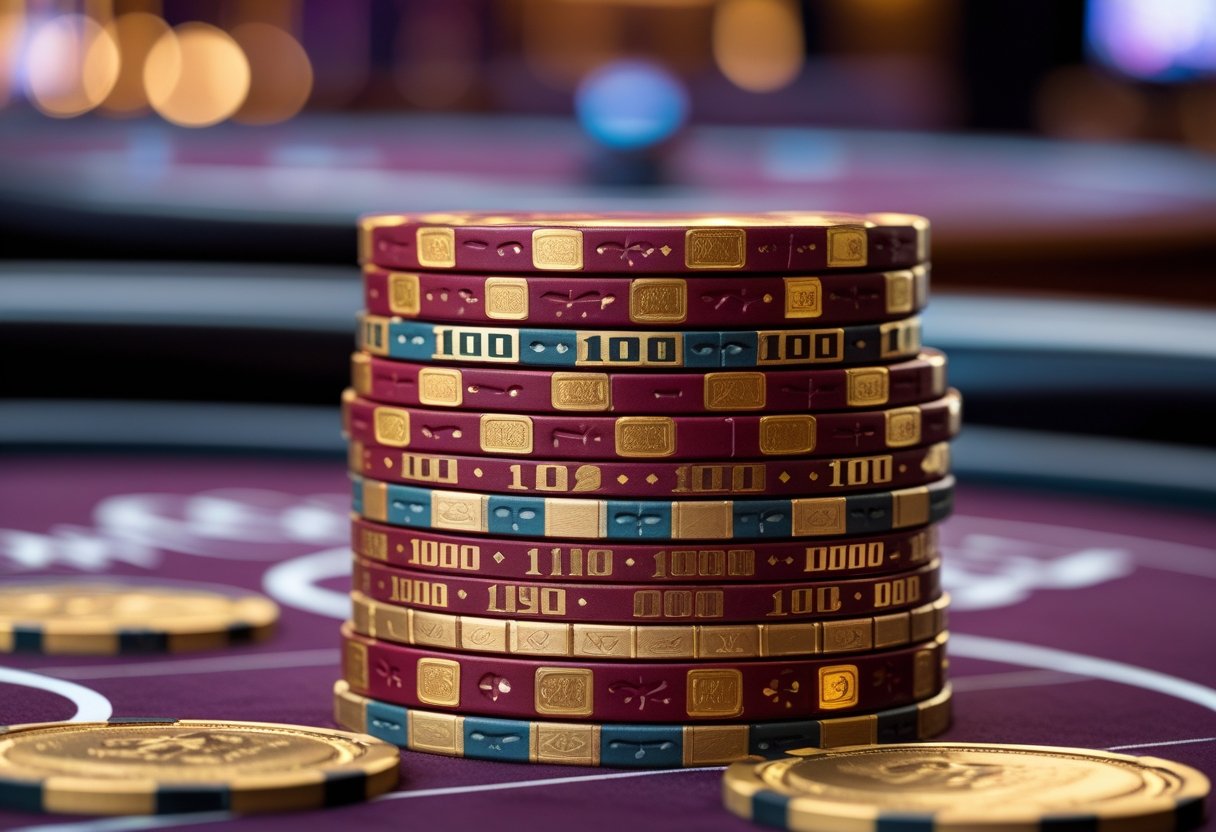A close-up of a stack of $100,000 casino chips on a casino table with a blurred background.
