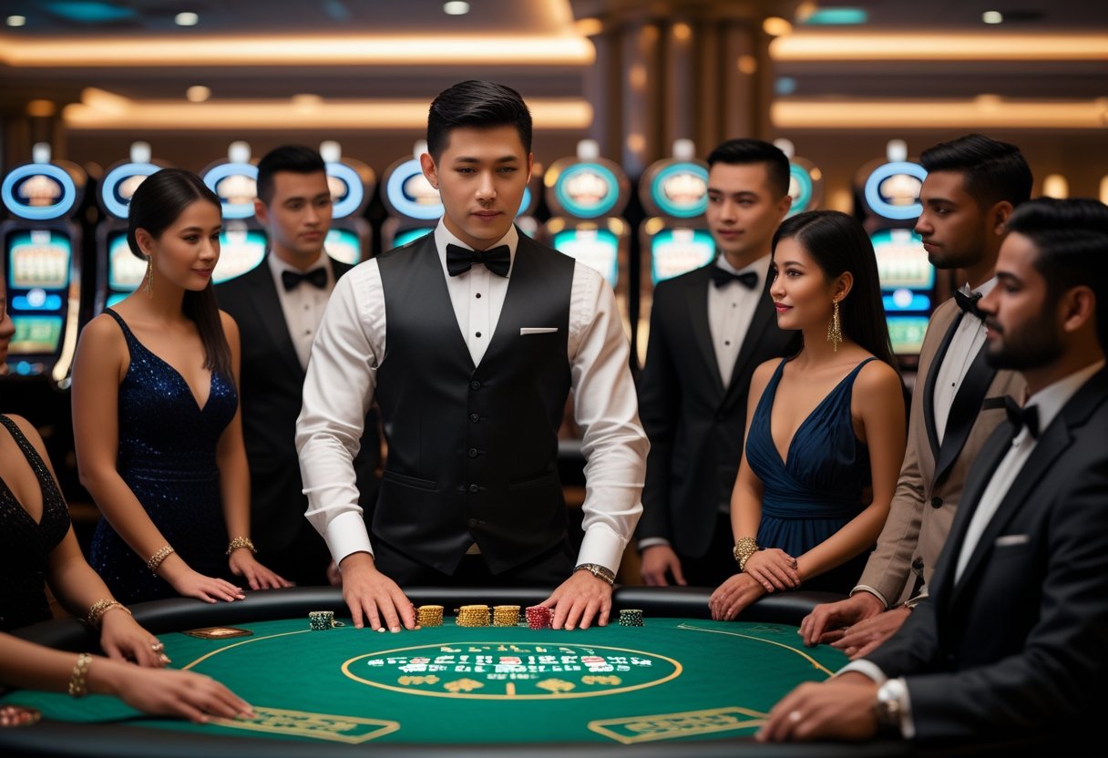 A dealer explaining casino game rules to attentive players around a poker table in an elegant casino setting.