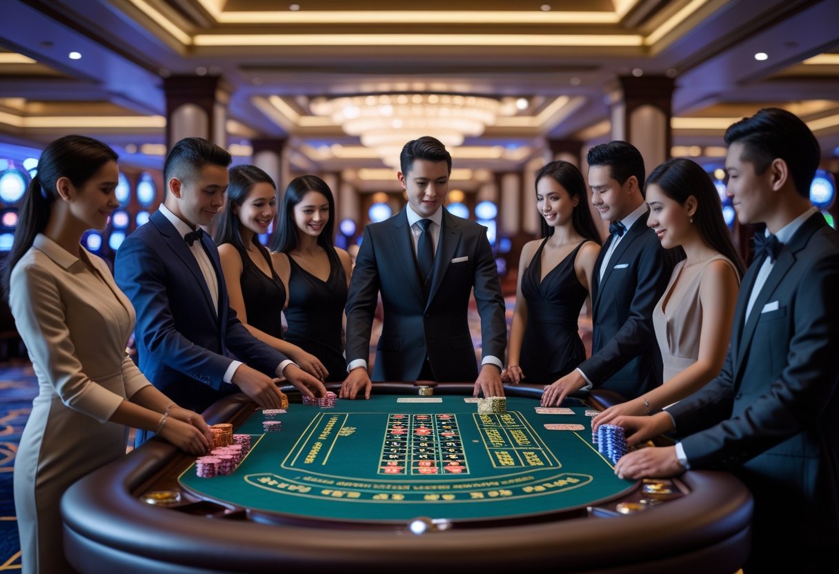 A casino dealer and players at a gaming table in a luxurious casino, following proper rules and etiquette.