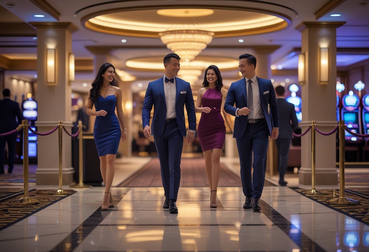 Well-dressed people entering a luxurious casino lobby with a friendly host greeting them.