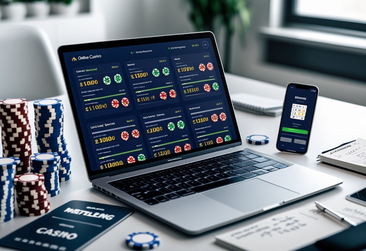 A workspace with a laptop showing betting odds, poker chips, playing cards, a smartphone with a betting app, and a notebook on a desk.