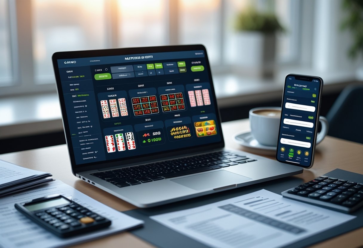 A workspace with a laptop and smartphone showing online betting and casino game interfaces, surrounded by financial documents and a cup of coffee.
