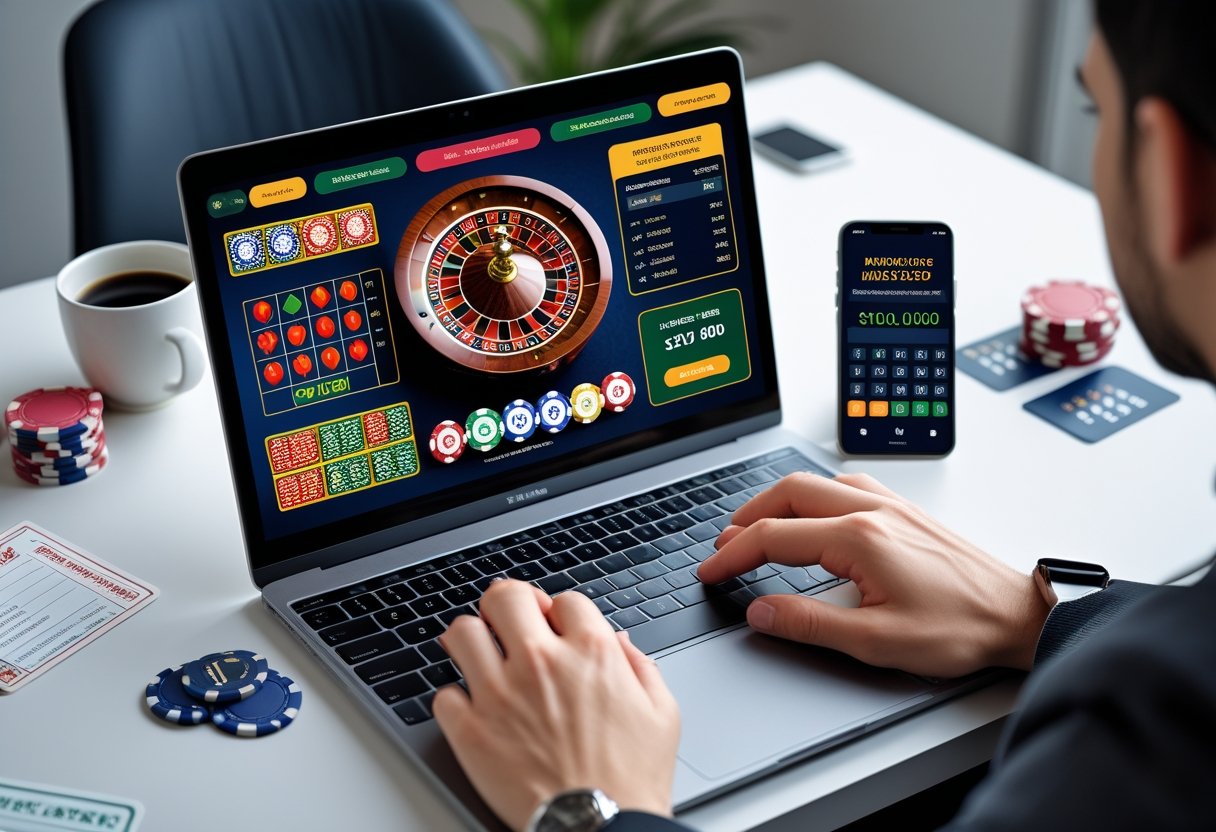 A person using a laptop and smartphone at a desk with online casino games and betting tools visible on the screens.