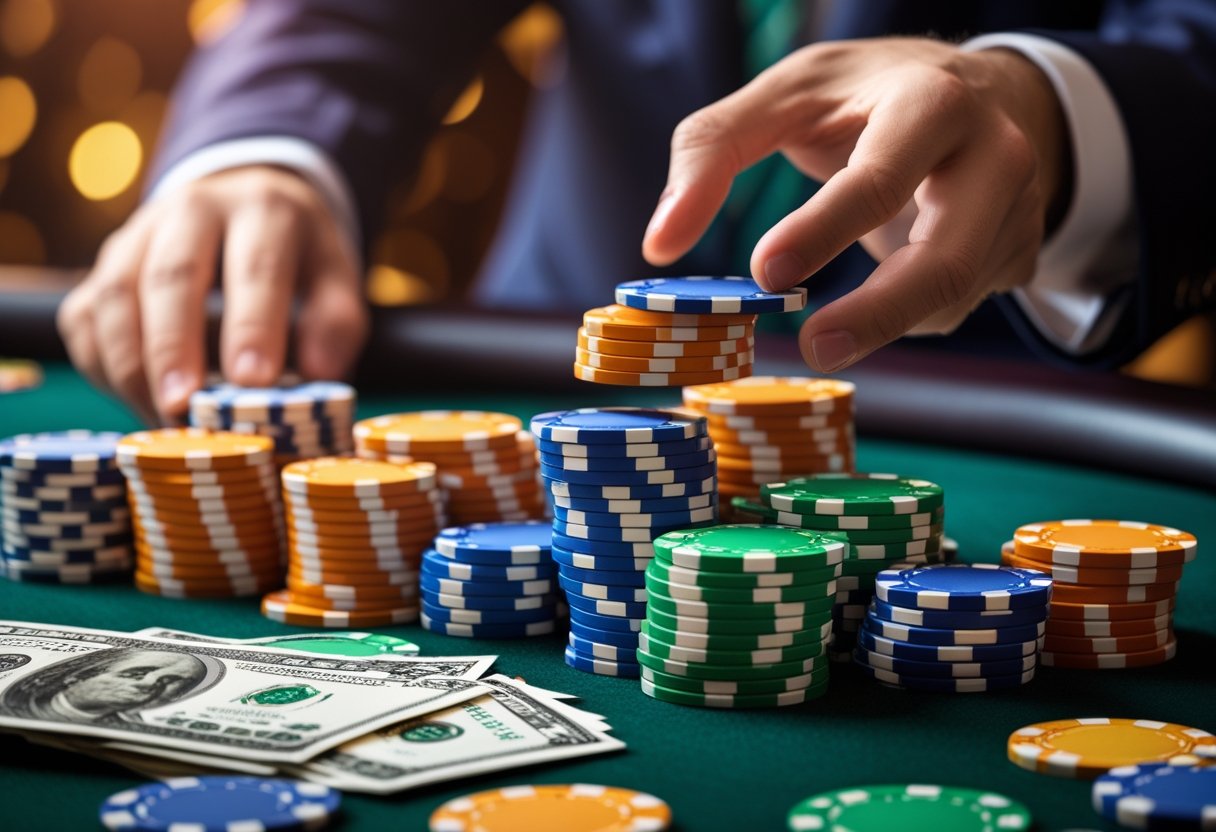 Close-up of a casino table with stacks of poker chips and cash being pushed towards a winning player’s hand.