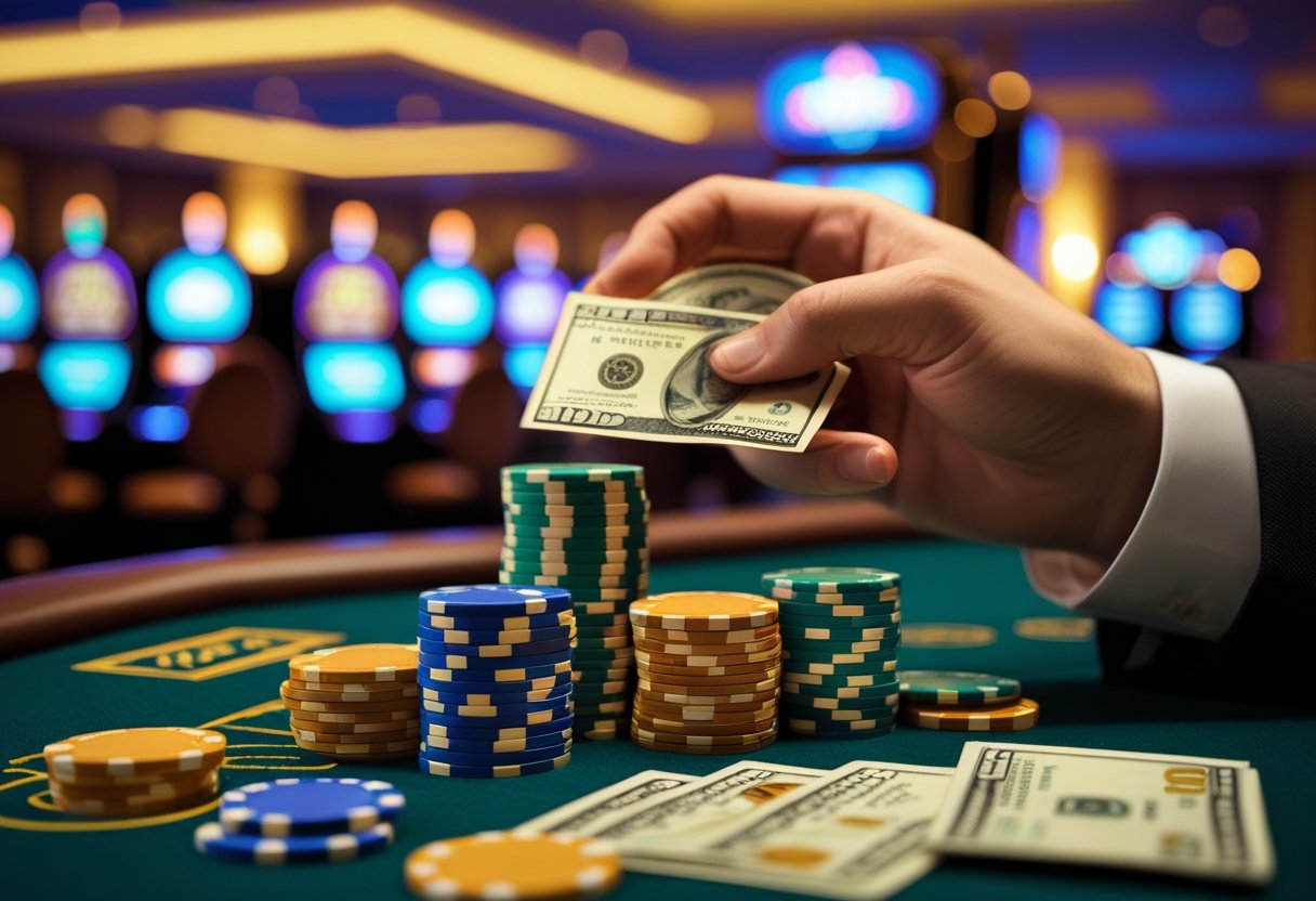 A hand holding casino chips and cash with blurred slot machines and gaming tables in the background.