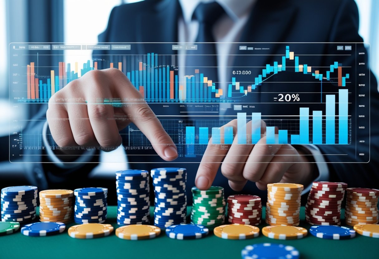 A person analyzing data with poker chips and charts on a casino table.