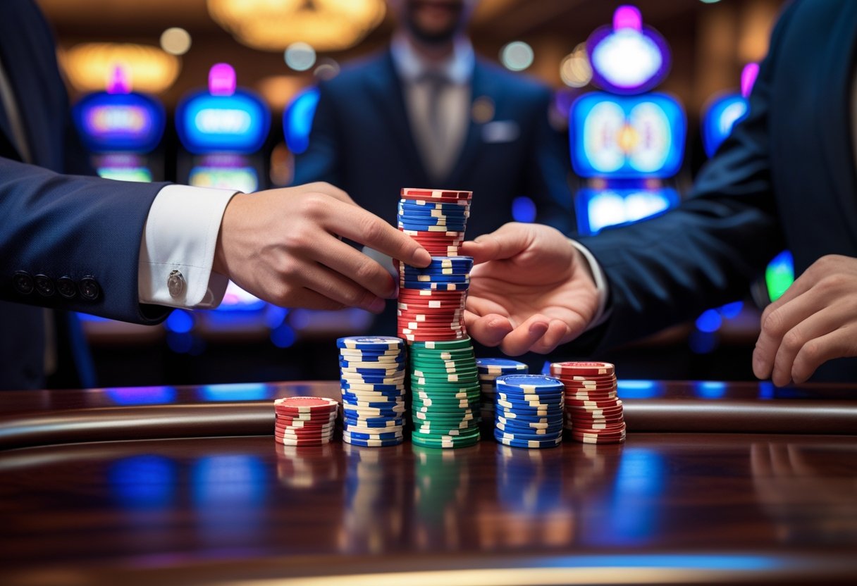 A person handing colorful casino chips to another person across a casino counter.