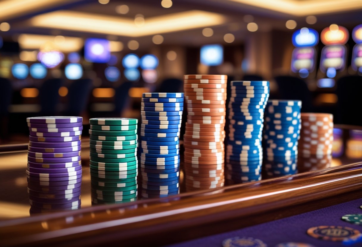 Close-up of colorful casino chips arranged on a wooden table with a blurred casino background.