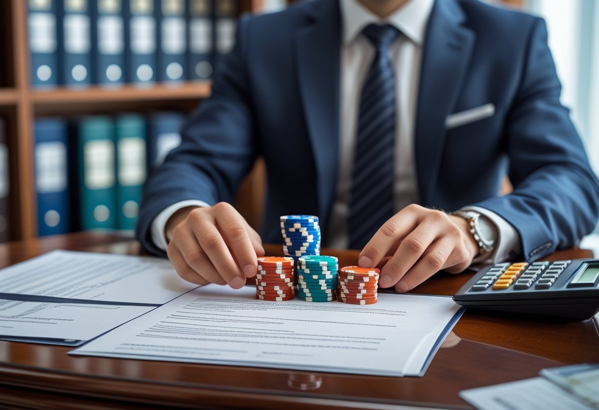 A person in formal attire sitting at a desk with casino chips and legal documents, with a bookshelf in the background.
