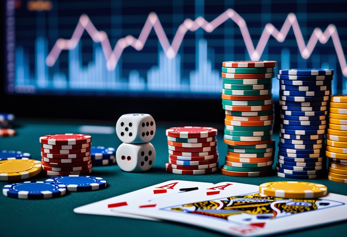 Close-up of poker chips, dice, and playing cards on a casino table with a digital screen showing graphs in the background.