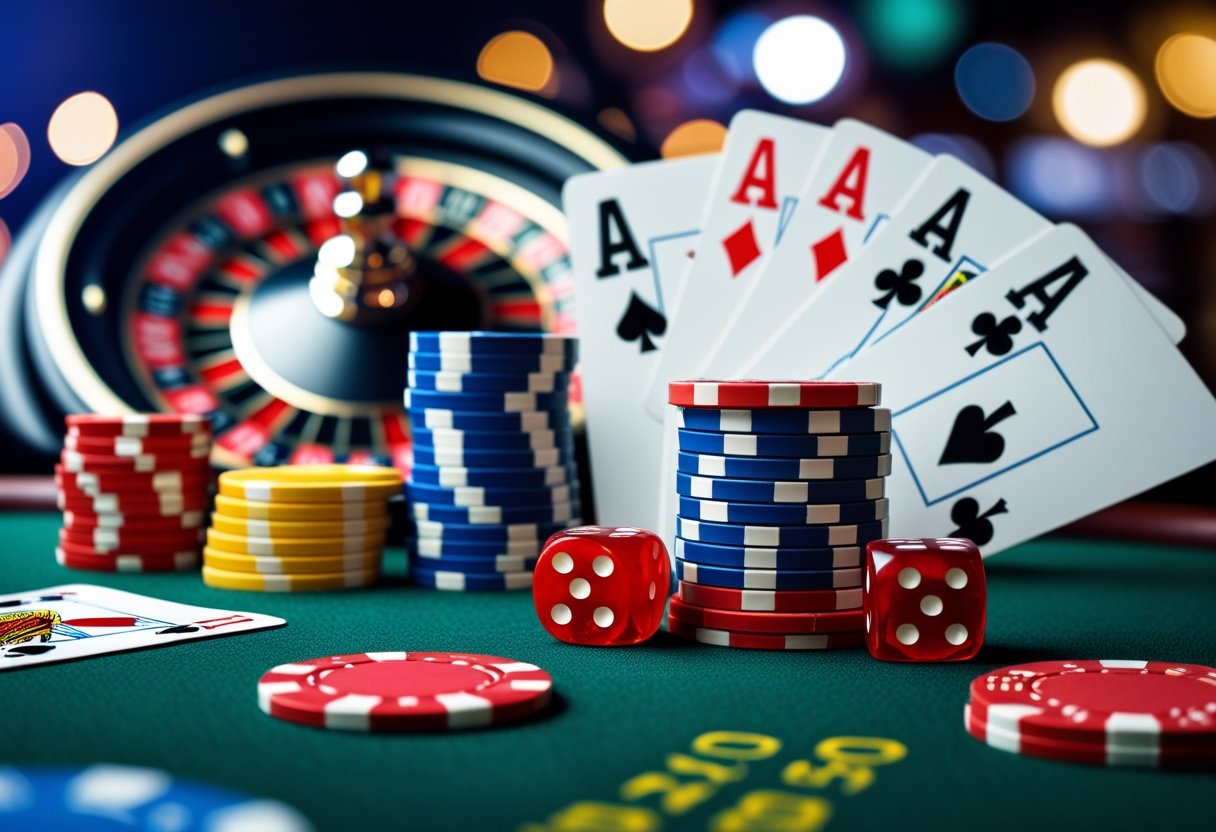 Close-up of poker chips, dice, playing cards, and a spinning roulette wheel on a casino table.