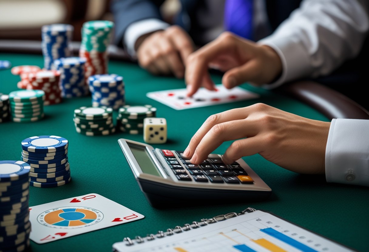 Close-up of hands calculating with a calculator and notebook near poker chips, playing cards, and dice on a casino table.