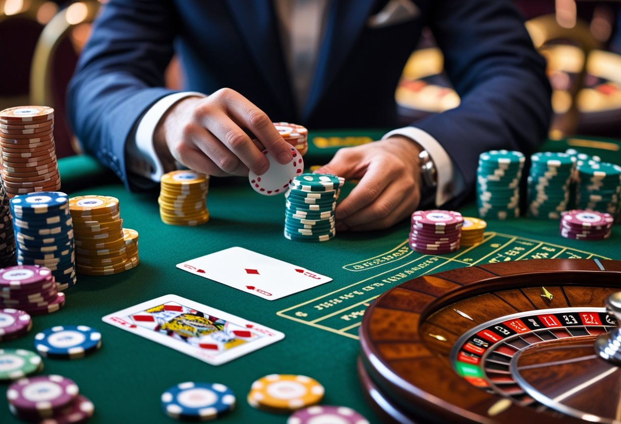 A person at a casino table examining chips, cards, and a roulette wheel while taking notes.