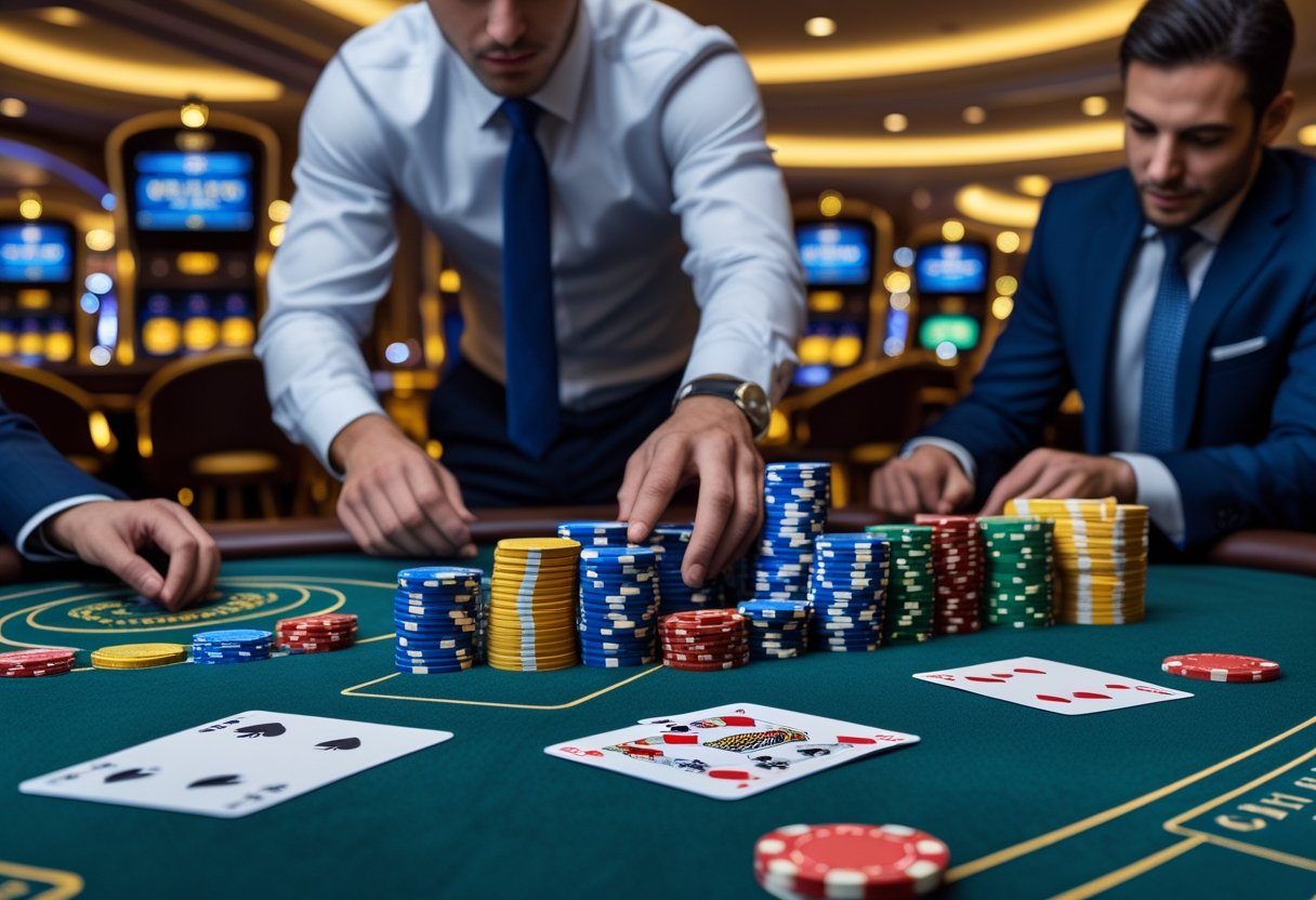 People analyzing casino chips and cards at a casino table, focused on betting strategies.