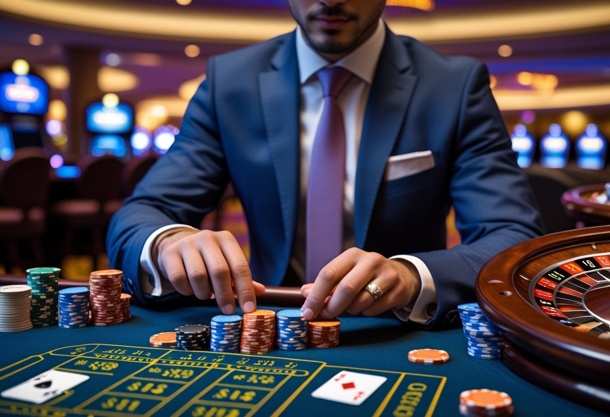 A person placing chips on a casino table with cards and a roulette wheel in a casino setting.
