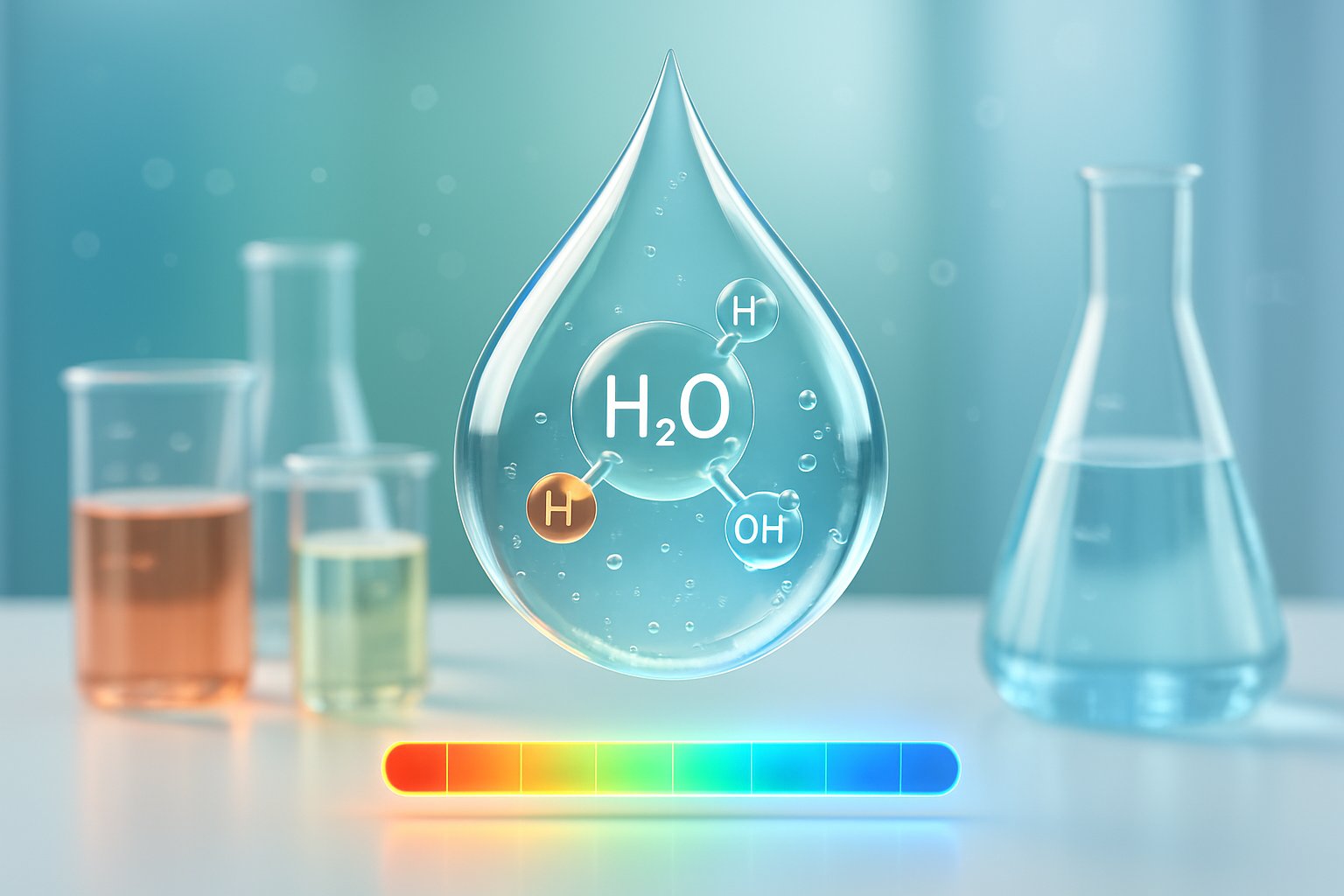 Ein klarer Wassertropfen mit einem pH-Wert-Skala darunter, umgeben von Laborutensilien mit Wasserproben unterschiedlicher Qualität.