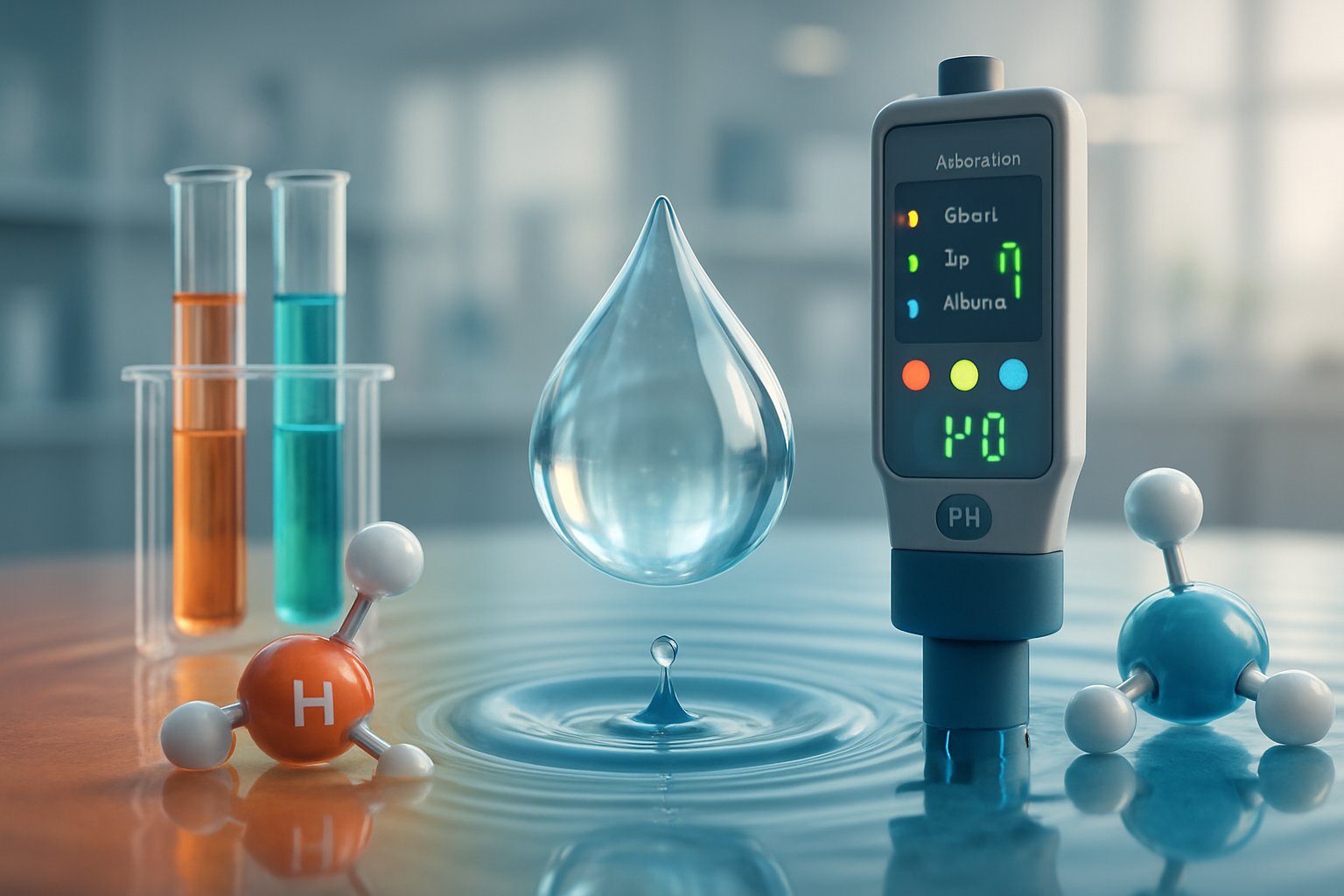 Eine 3D-Darstellung von Wasser mit Messgeräten und chemischen Modellen, die den pH-Wert und die Wasserqualität zeigen.