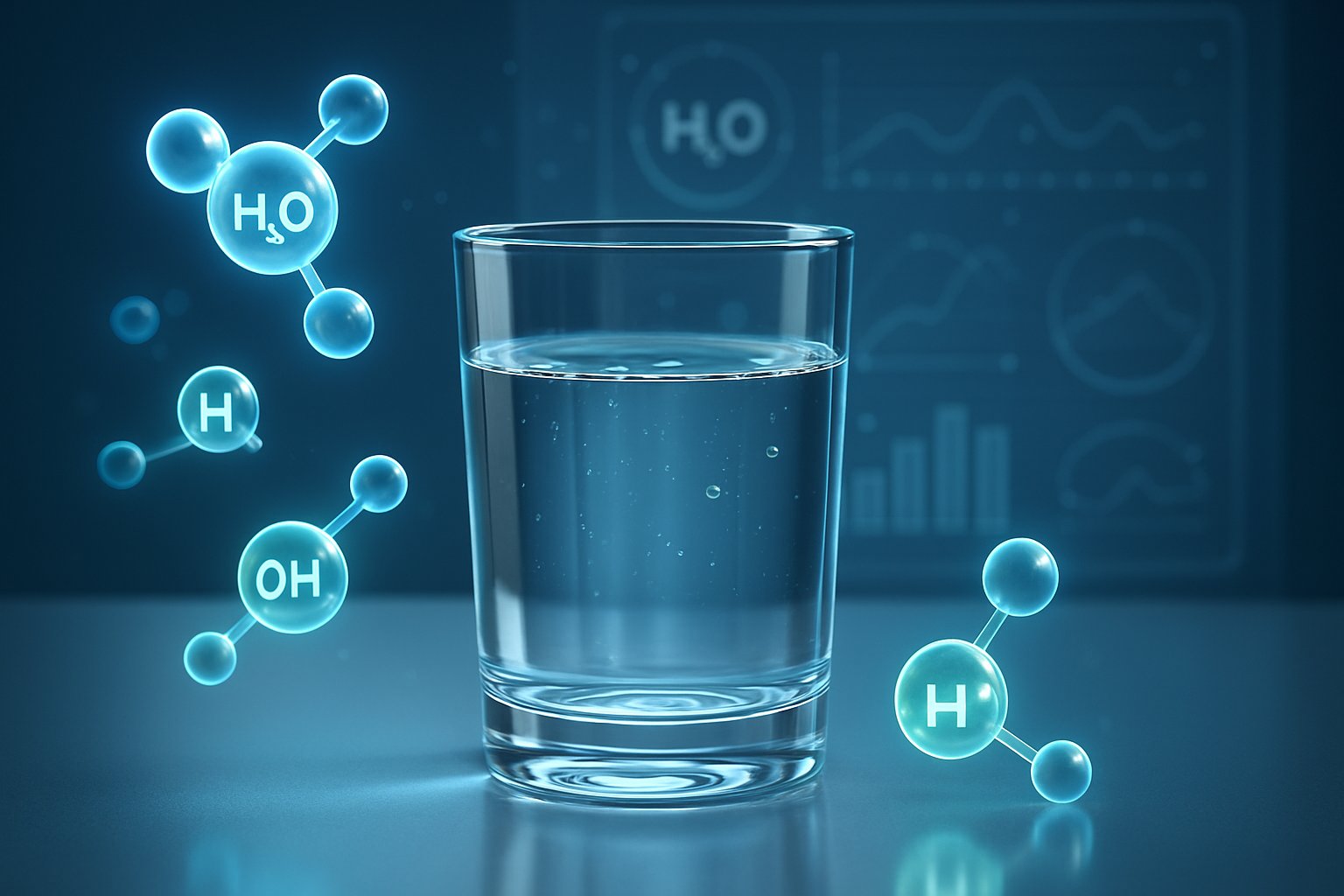 Ein Glas klares Wasser mit schwebenden Molekülen und chemischen Symbolen im Hintergrund, die Wasserqualität und pH-Wert darstellen.