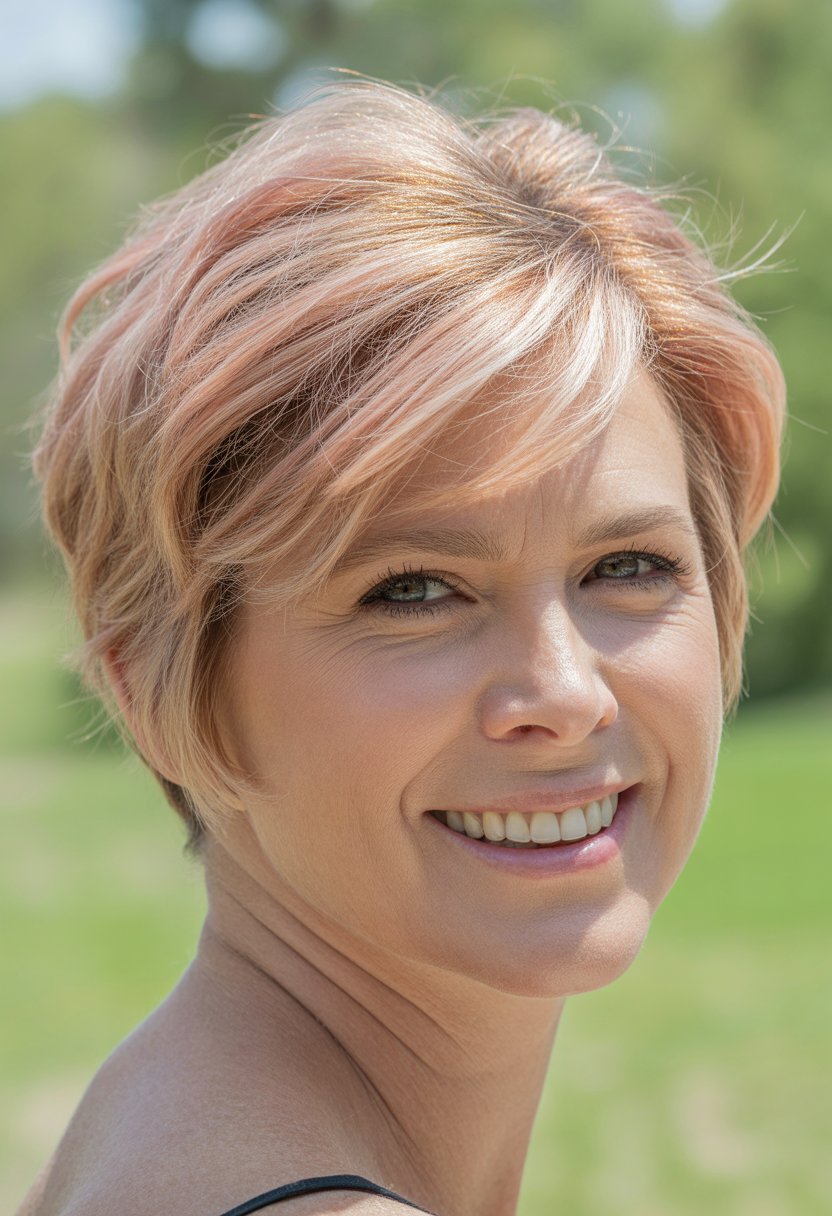 Headshot of a smiling woman outdoors with short hair and natural background.