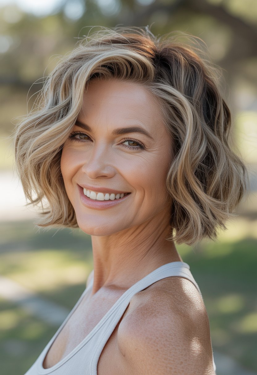 Smiling woman outdoors with short wavy hair in a close-up headshot.
