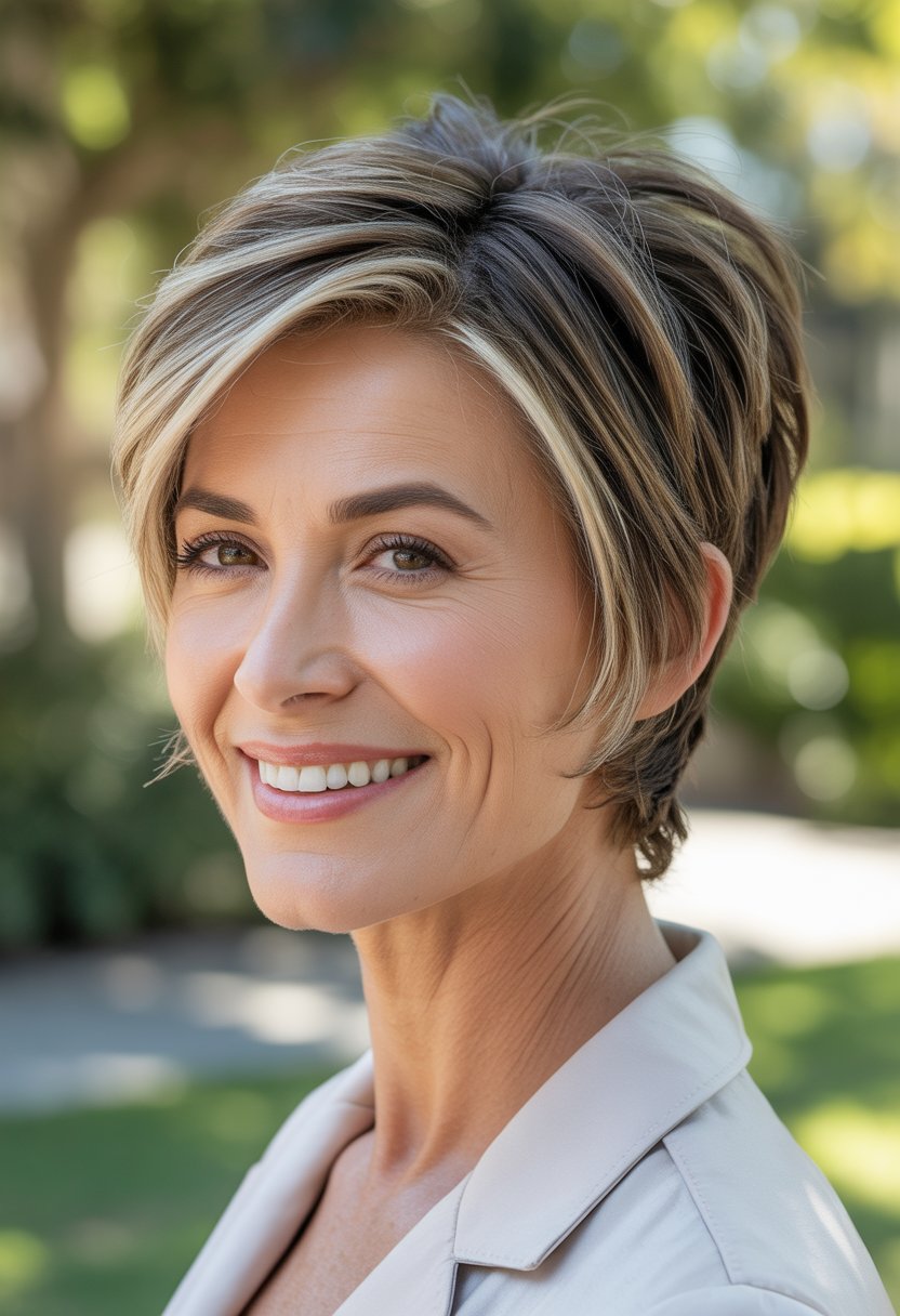 Headshot of a smiling woman outdoors with short layered hair.