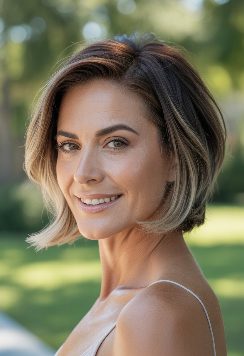 Headshot of a smiling woman outdoors with a blurred green background.